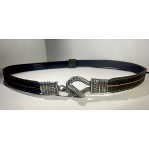 Chicos Size ML (19-38") Black Leather Belt Hammered Metal Closure Stitching
